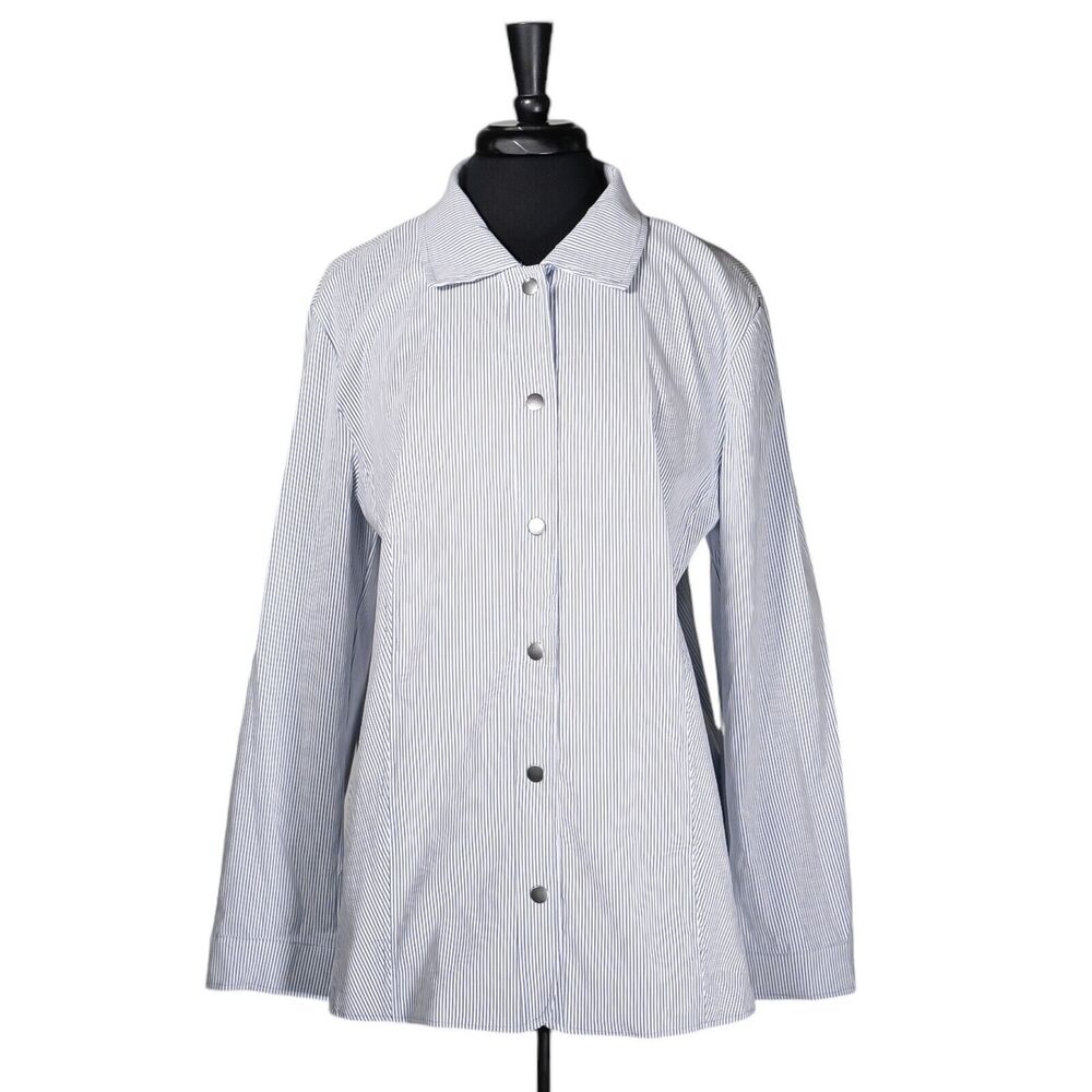 Chico's Women's Jacket Blue White Striped Snap Button Stretch Blazer 3 US XL/16